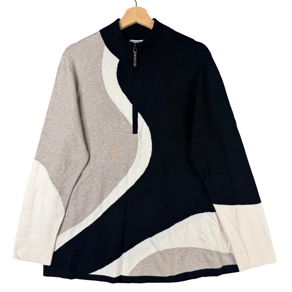 Chico's Colorblock Quarter-Zip Cashmere Blend Sweater Mock Neck Black Beige XL 3